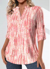 Pink Frill Geometric Print 3/4 Sleeve Split Neck Blouse | thumb picture 