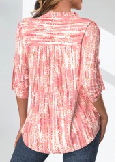 Pink Frill Geometric Print 3/4 Sleeve Split Neck Blouse | thumb picture 