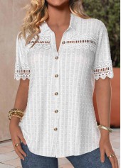 White Patchwork Shirt Collar Button Up Thin Blouse