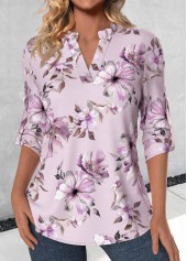 Light Purple Frill Floral Print 3/4 Sleeve Blouse