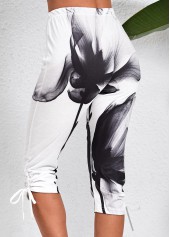 White Drawstring Ink Painting Print Skinny Elastic Waist Pants | thumb picture 