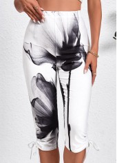 White Drawstring Ink Painting Print Skinny Elastic Waist Pants