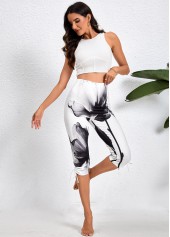 White Drawstring Ink Painting Print Skinny Elastic Waist Pants | thumb picture 