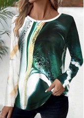 Green Patchwork Marble Print Long Sleeve T Shirt | thumb picture 