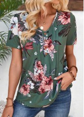 Green Tuck Stitch Random Floral Print T Shirt