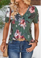 Green Tuck Stitch Random Floral Print T Shirt