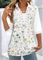 White Patchwork Floral Print Half Sleeve Shirt Collar Blouse