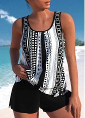 Bowknot Geometric Print Black Tankini Set