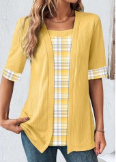 Yellow Fake 2in1 Plaid Half Sleeve T Shirt