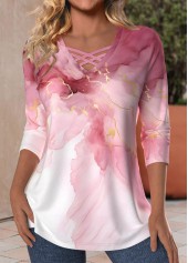 Pink Criss Cross Marble Print Long Sleeve T Shirt