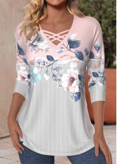 Light Pink Criss Cross Floral Print T Shirt