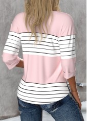 Light Pink Button Striped 3/4 Sleeve Round Neck Blouse