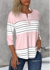 Light Pink Button Striped 3/4 Sleeve Round Neck Blouse