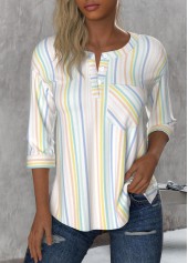 Multi Color Button Striped 3/4 Sleeve Round Neck Blouse