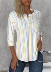 Multi Color Button Striped 3/4 Sleeve Round Neck Blouse | thumb picture 