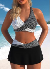 Surplice Striped Black Patchwork Bikini Set