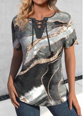 Dark Grey Marl Lace Up Marble Print T Shirt