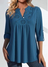 Peacock Blue Patchwork 3/4 Sleeve Split Neck Blouse