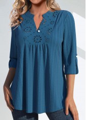 Peacock Blue Patchwork 3/4 Sleeve Split Neck Blouse | thumb picture 