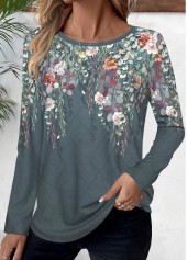 Dusty Blue Floral Print Long Sleeve T Shirt