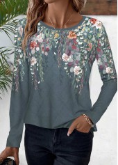 Dusty Blue Floral Print Long Sleeve T Shirt | thumb picture 