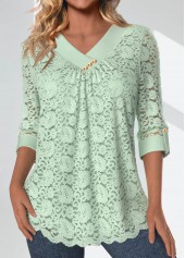 Light Green Lace 3/4 Sleeve V Neck Blouse