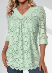Light Green Lace 3/4 Sleeve V Neck Blouse | thumb picture 