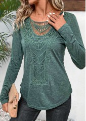 Sage Green Lace Long Sleeve Round Neck T Shirt | thumb picture 