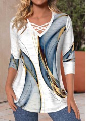 Plus Size White Criss Cross Geometric Print T Shirt