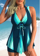 Lace Up Marble Print Peacock Blue Tankini Set