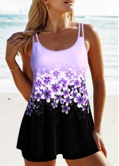 Patchwork Floral Print Light Purple Tankini Set