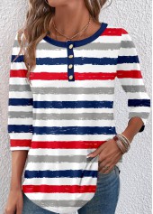 Multi Color Button Striped 3/4 Sleeve T Shirt