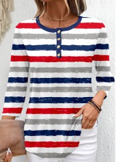 Multi Color Button Striped 3/4 Sleeve T Shirt