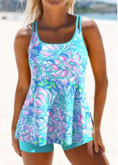 Graffiti Print Cyan Double Straps Tankini Set
