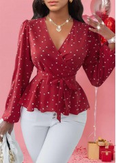 Red Patchwork Heart Print Long Sleeve V Neck Blouse