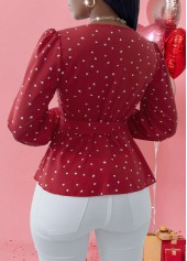 Red Patchwork Heart Print Long Sleeve V Neck Blouse | thumb picture 