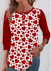 Wine Red Button Heart Print T Shirt