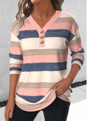 Light Pink Button Striped Long Sleeve T Shirt