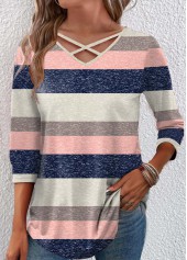 Multi Color Criss Cross Striped 3/4 Sleeve T Shirt