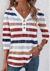 Red Button Plus Size Multi Stripe Print T Shirt