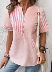 Pink Patchwork Striped Short Sleeve Split Neck Blouse | thumb picture 