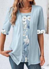 Light Blue Floral Print Fake Two Piece Twinset