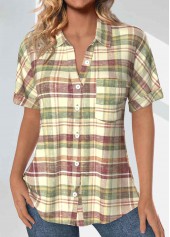 Multi Color Pocket Plaid Short Sleeve Shirt Collar Blouse