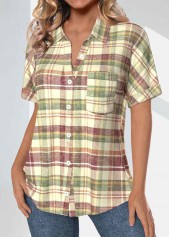Multi Color Pocket Plaid Short Sleeve Shirt Collar Blouse | thumb picture 