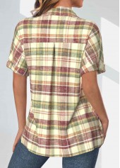 Multi Color Pocket Plaid Short Sleeve Shirt Collar Blouse | thumb picture 