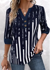 Navy Patchwork Striped 3/4 Sleeve Split Neck Blouse | thumb picture 