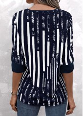 Navy Patchwork Striped 3/4 Sleeve Split Neck Blouse | thumb picture 