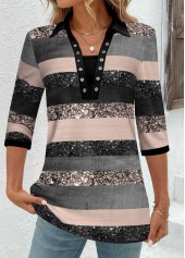 Multi Color Grommet Striped Half Sleeve Shirt Collar Blouse | thumb picture 