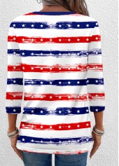 Navy Button Striped 3/4 Sleeve V Neck T Shirt