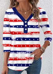 Navy Button Striped 3/4 Sleeve V Neck T Shirt